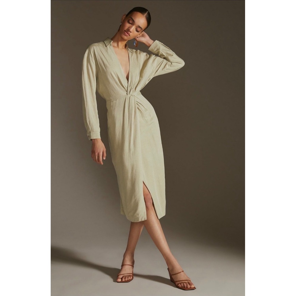 By Anthropologie V-Neck Knot Front Midi Dress Sage Green Linen Blend Size 2
